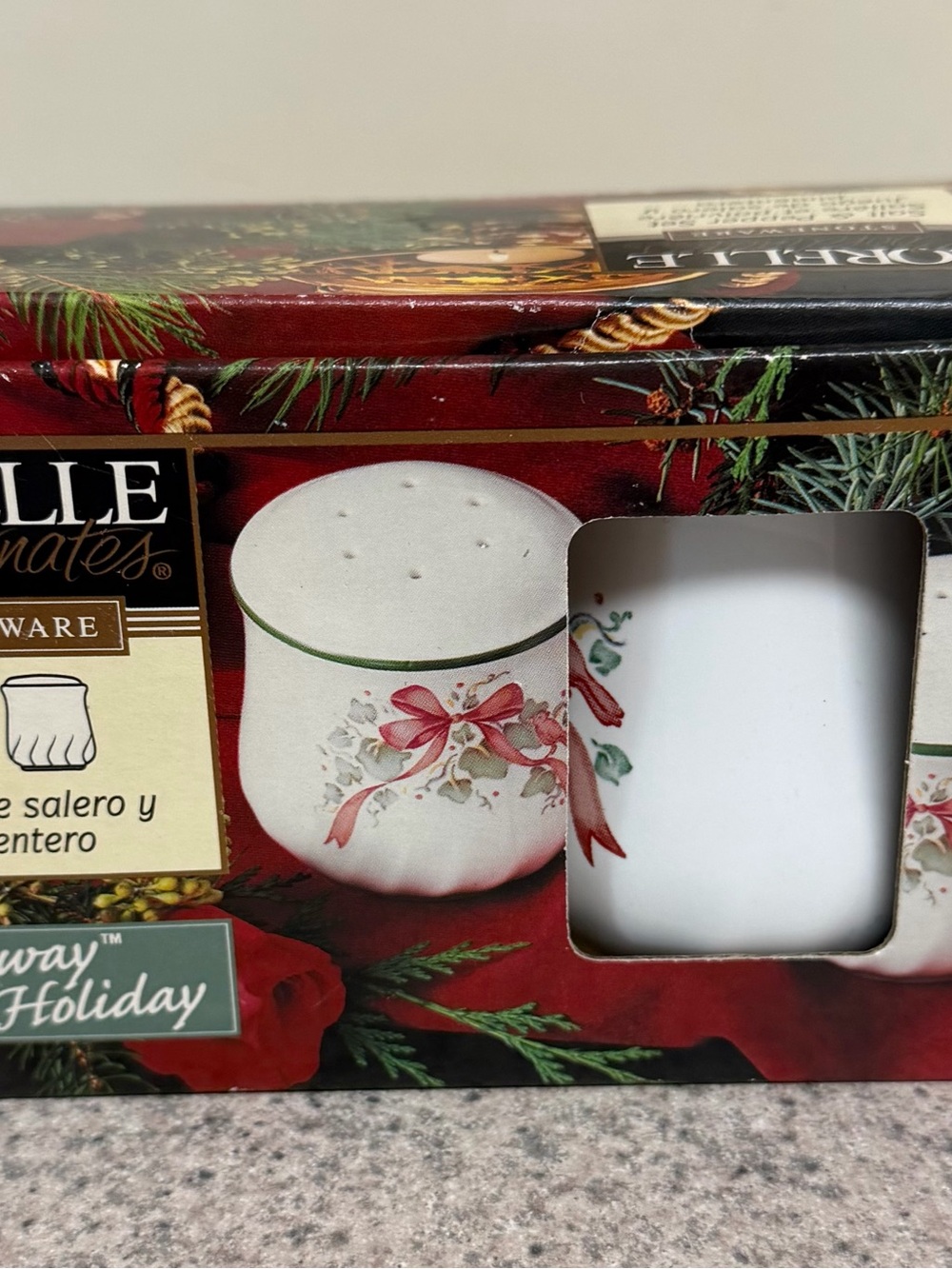 Vintage 1999 Corelle White Holiday Salt Shaker with Red Bow and Green Trim